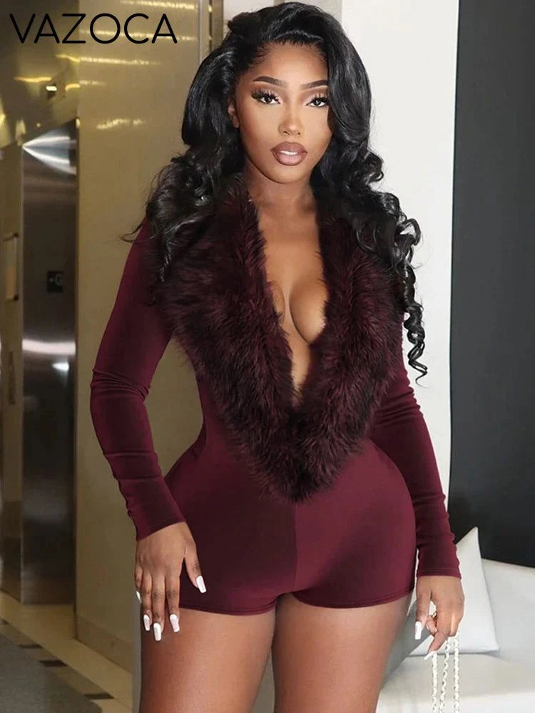 Luxe Fur Deep V-Collar Romper