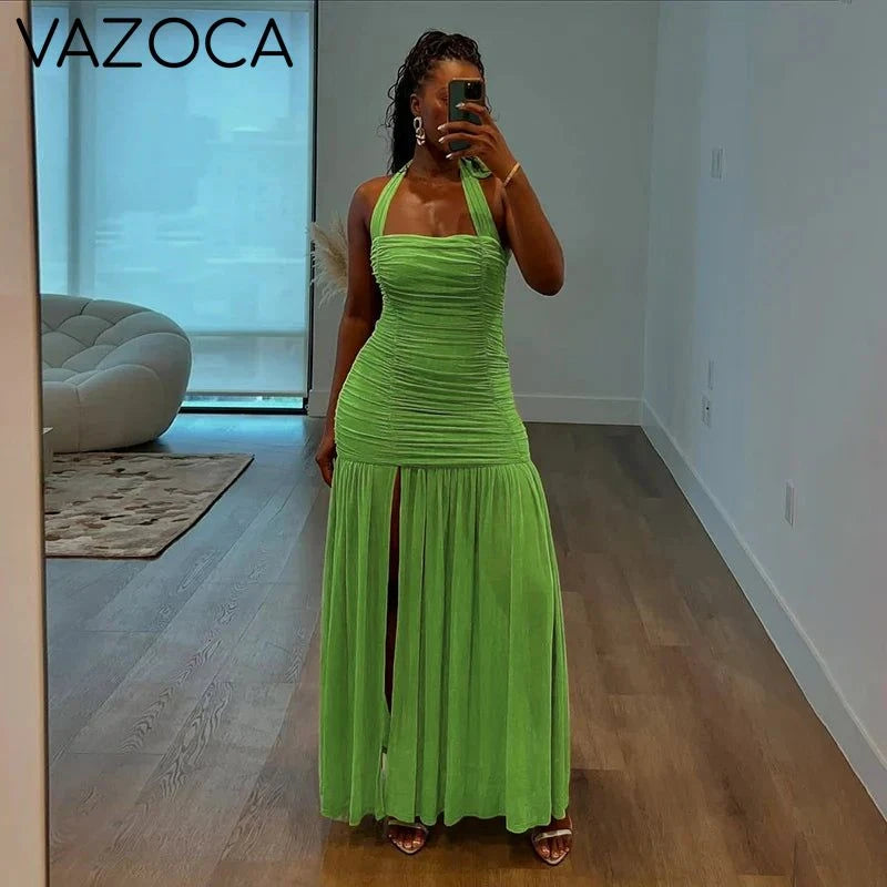 Lime Ruched Halter Maxi Dress