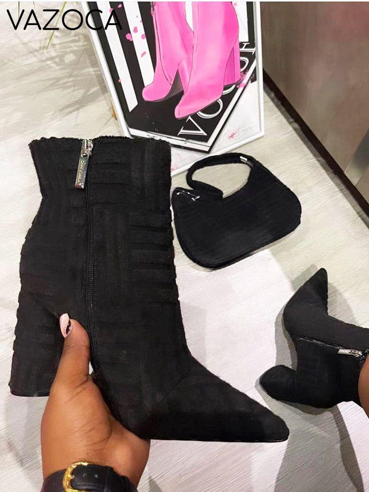 Towel Pointed Toe Chunky Heel Boots