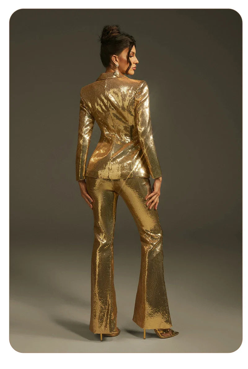 Luxury Gold Sequin Blazer Pants Set