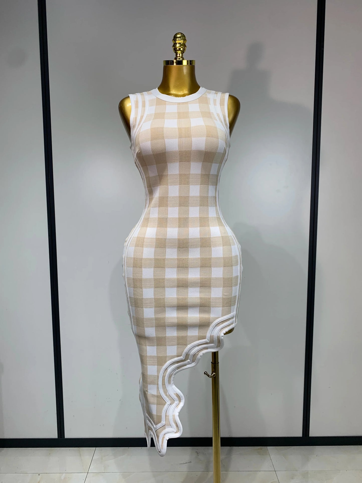 Plaid Asymmetrical Bandage Dress