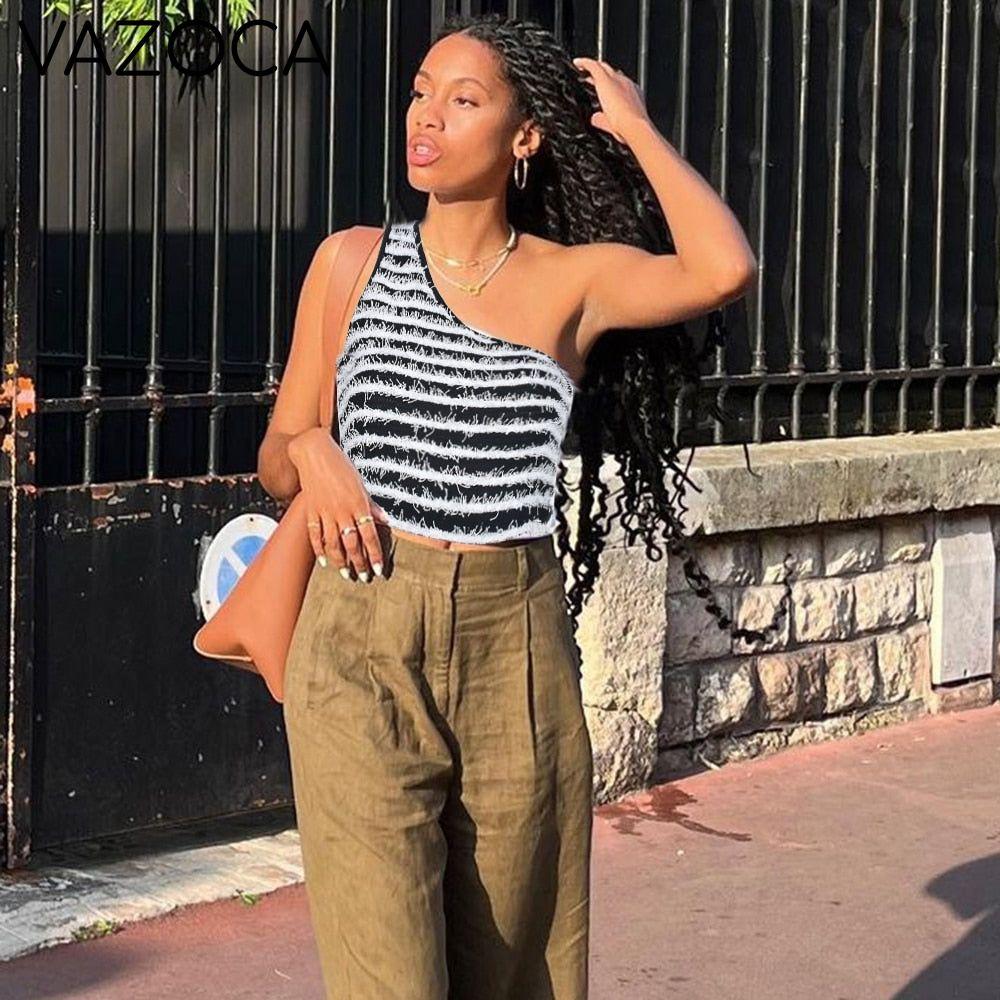 Fuzzy Striped Crop Top One Shoulder