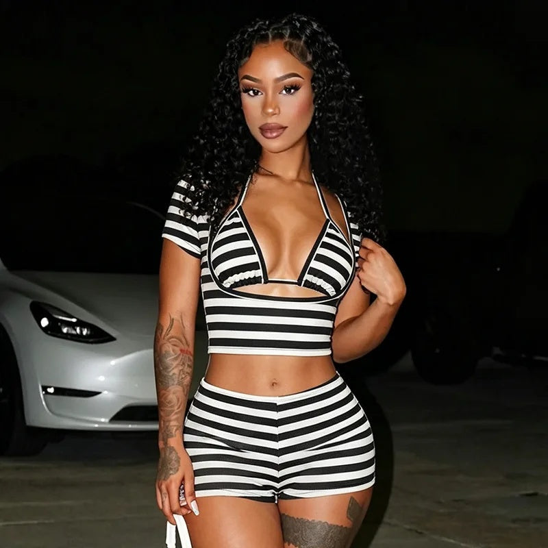 Striped 3 Piece Bra and Short Set