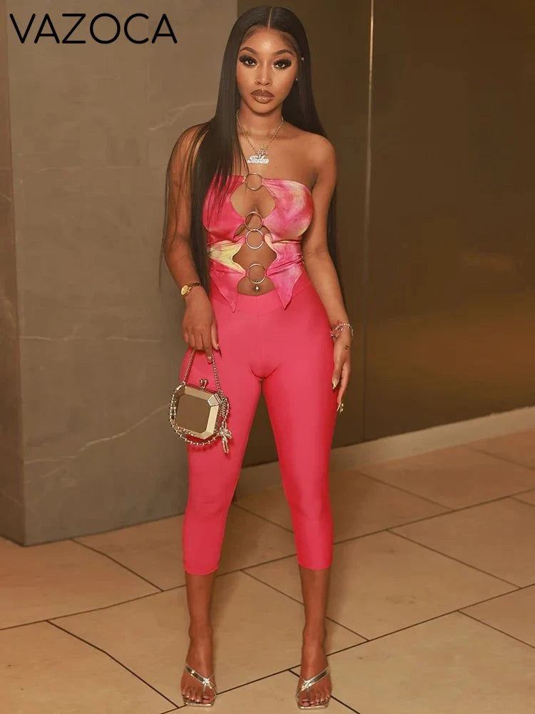 Metal Rings Pants Set Pink