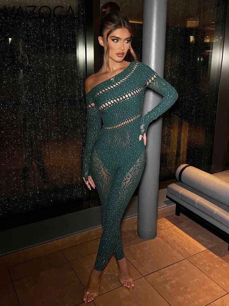 Shayna Rhinestone Jumpsuit Dark Green One Size