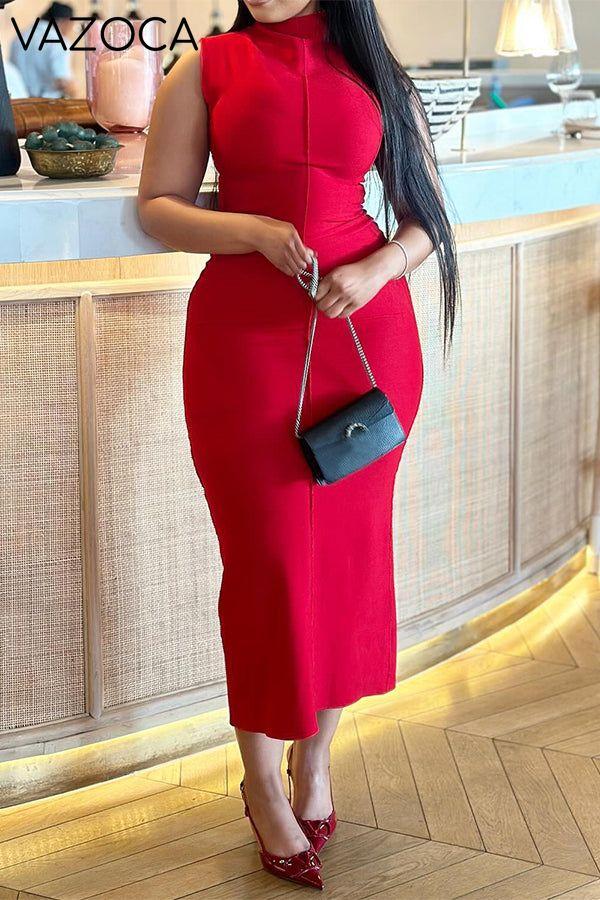 Mock Neck Slim Solid Stylish Midi Dress