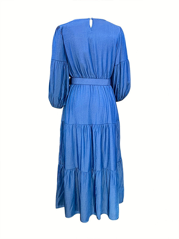 Plus-Size Puff-Sleeve Ruffle Dress