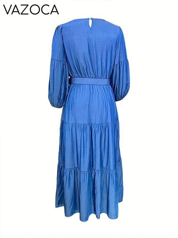 Plus-Size Puff-Sleeve Ruffle Dress