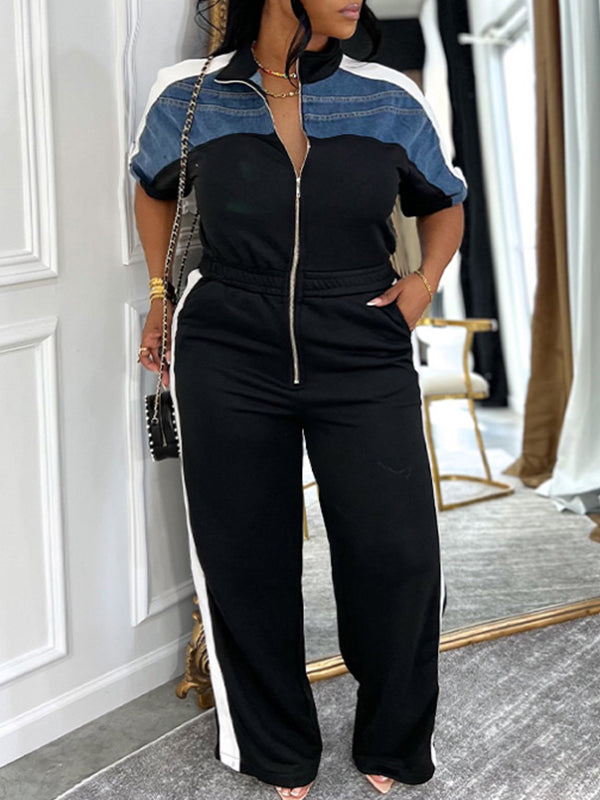 Plus-Size Denim-Combo Zip-Front Jumpsuit