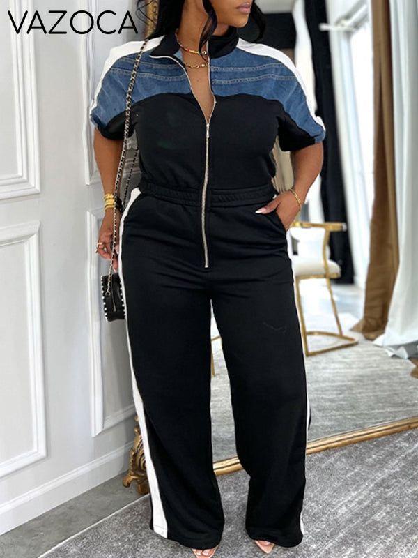 Plus-Size Denim-Combo Zip-Front Jumpsuit