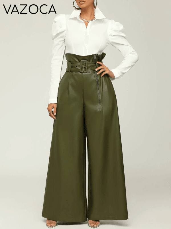 Gorgeousladie Faux-Leather Wide-Leg Belted Pants