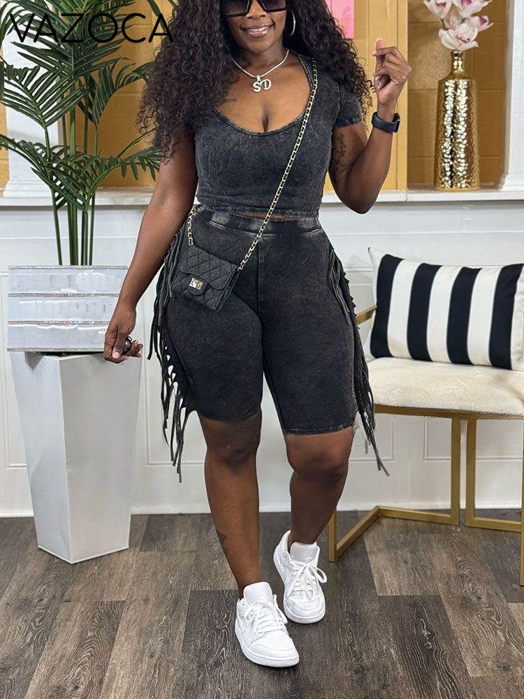 Mineral Washed Fringe Biker Shorts Set