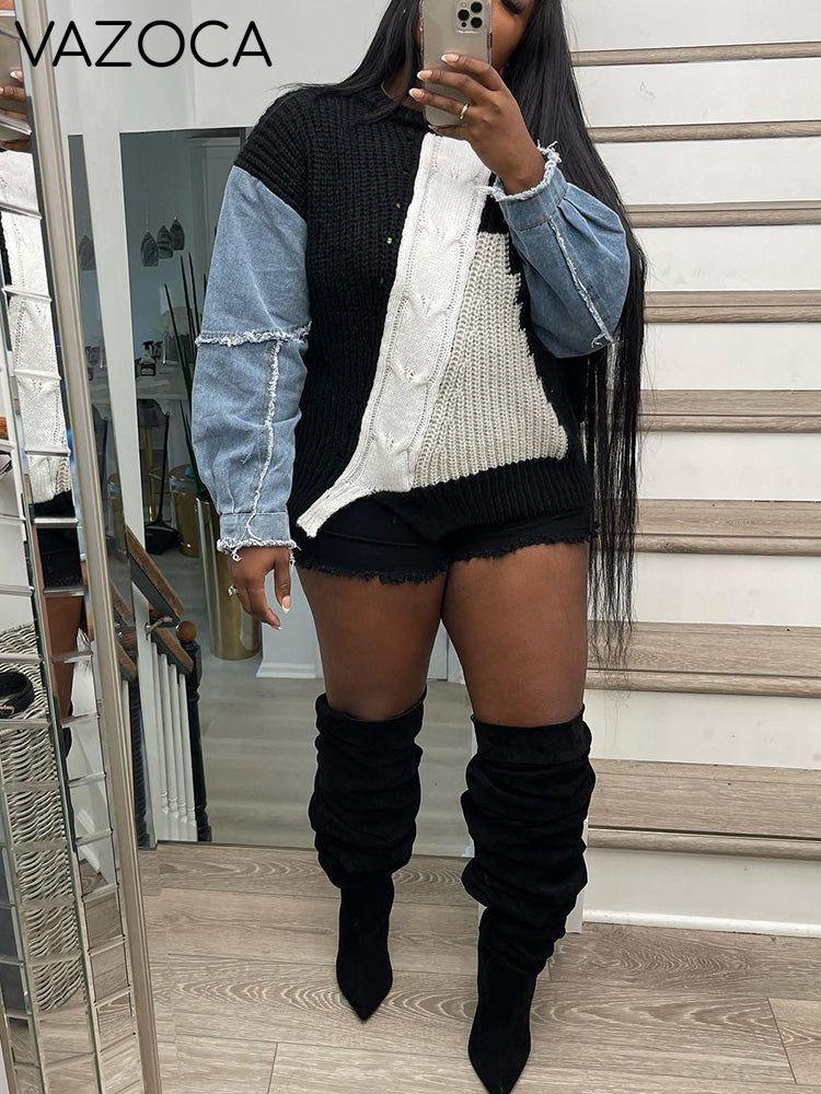 Knitted Denim Patchwork Sweater