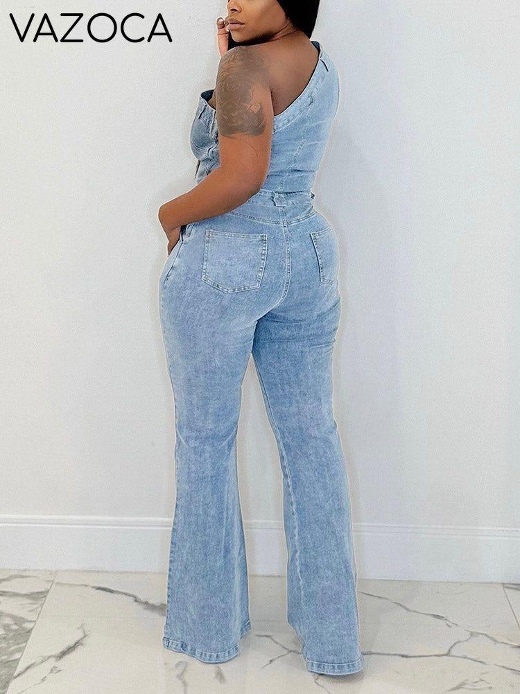 One Shoulder Denim Jumpsuit