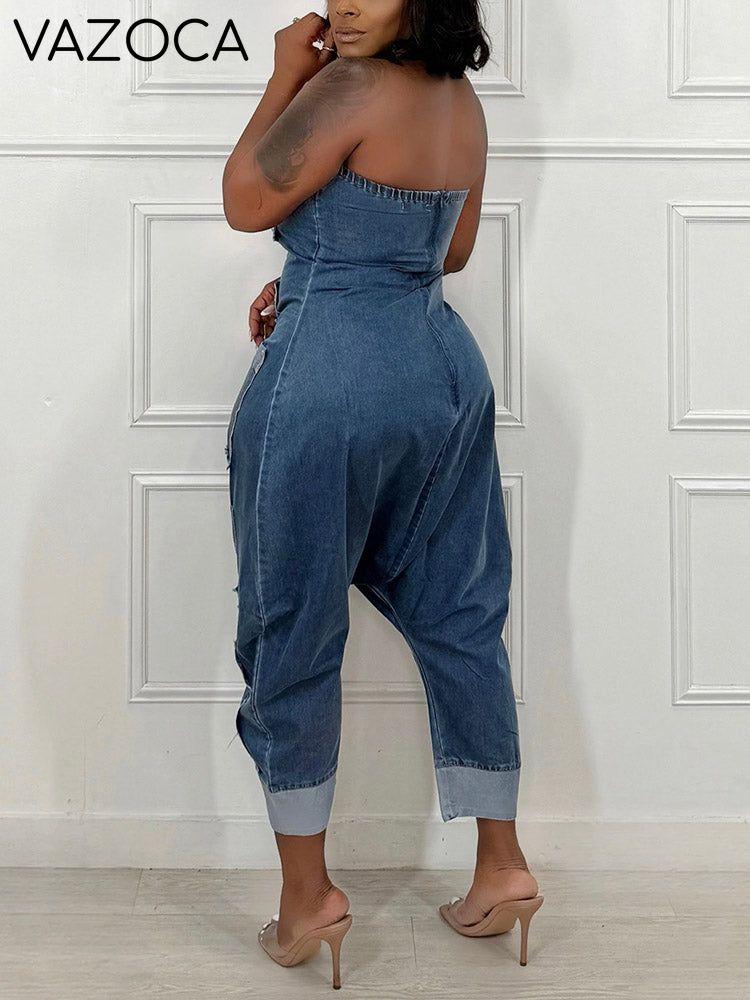 Strapless Cargo Denim Loose Jumpsuit
