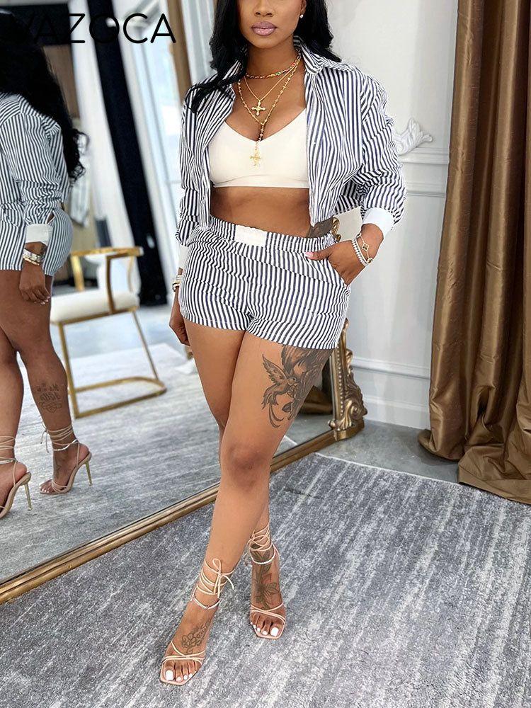 Chic Striped Cropped Shirt & Shorts Set