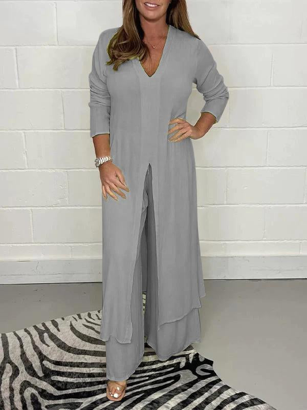 V-neck Slit Casual Two-piece Set gray