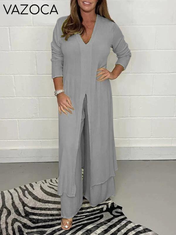 V-neck Slit Casual Two-piece Set gray