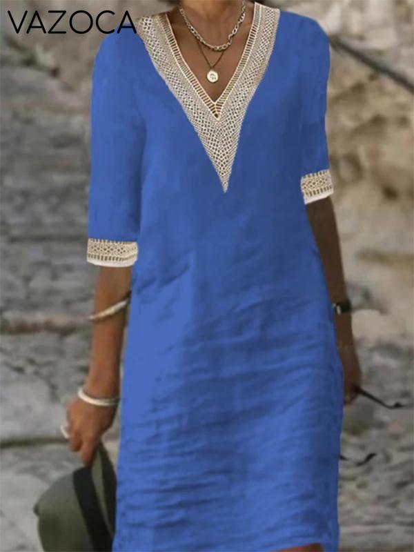 Solid Color V-neck Mid-sleeve Cotton and Linen Casual Dress Blue