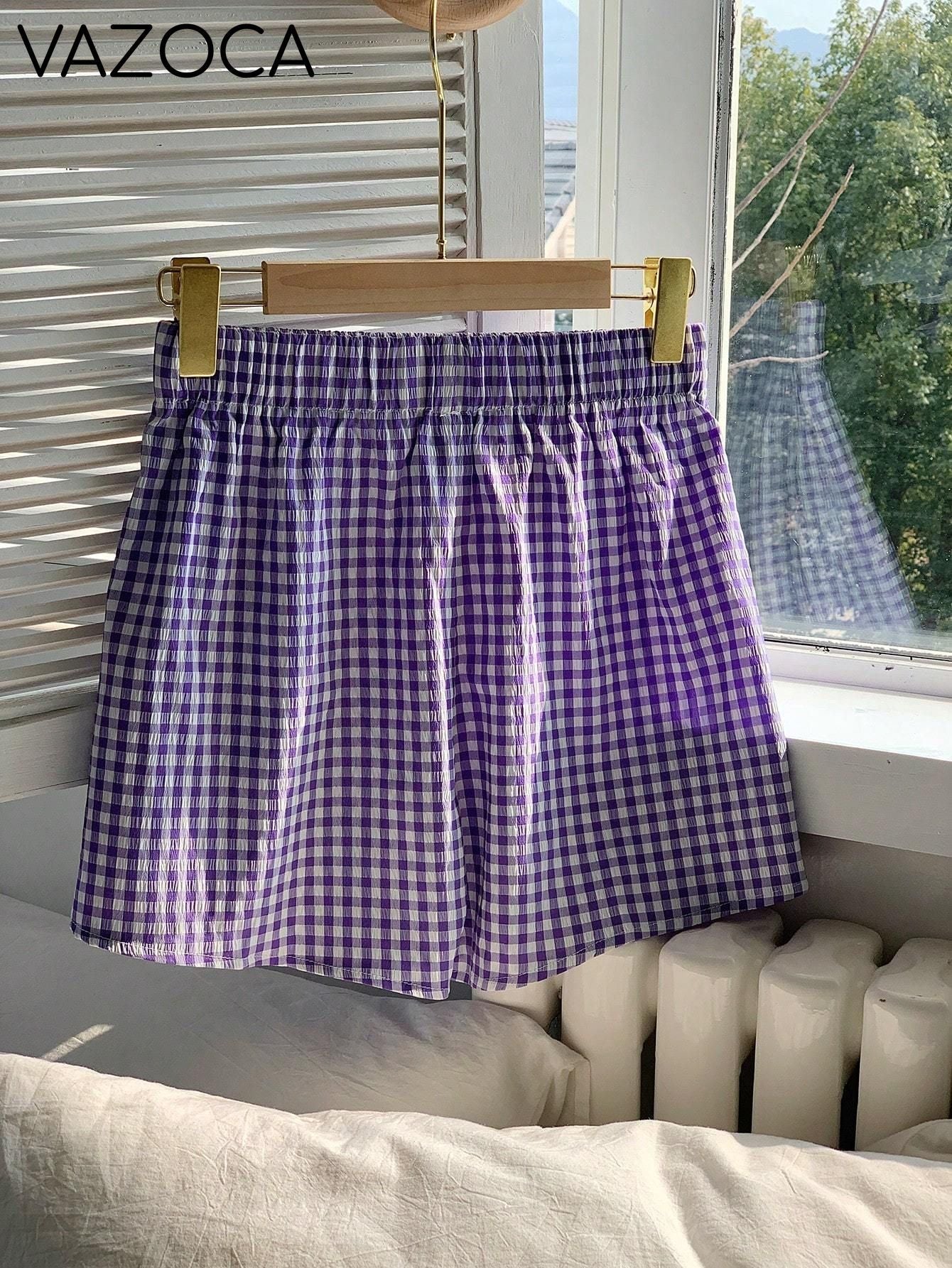 Plaid Print Casual Shorts purple