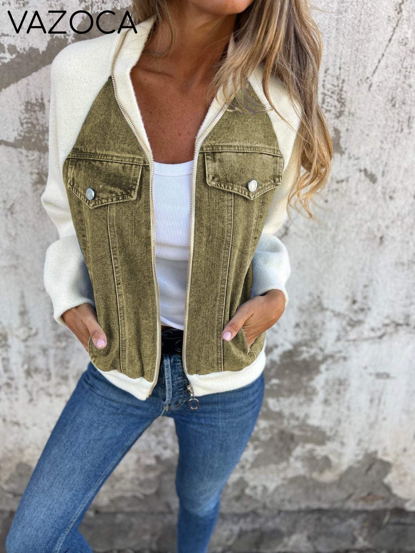 Casual V-neck Zipper Jacket mint green