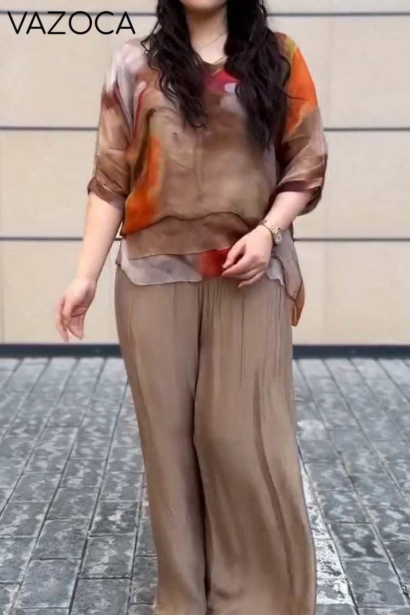 Fashionable chiffon printed top and trousers two-piece set Khaki
