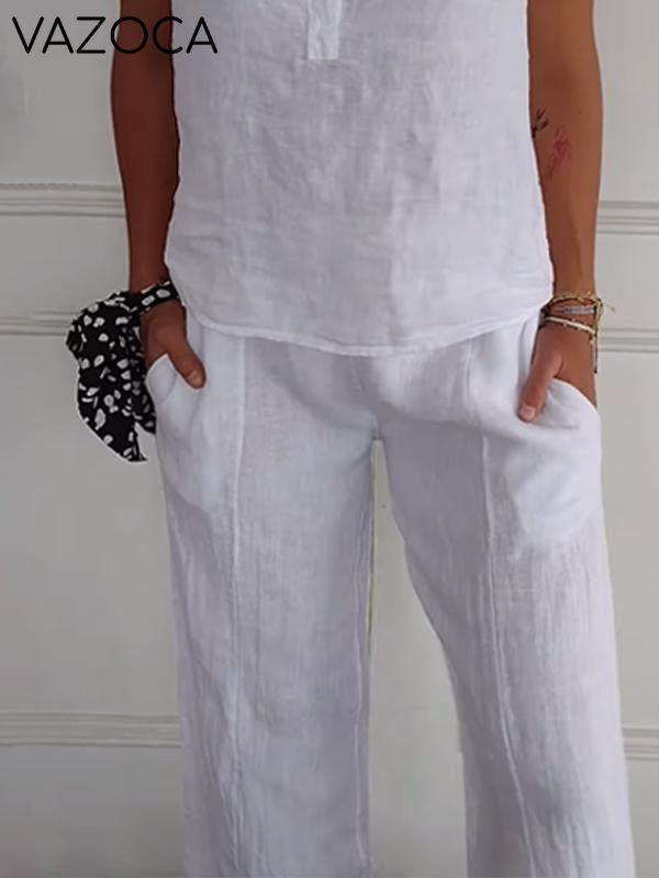 Women's Cotton and Linen Solid Color Two-piece Set