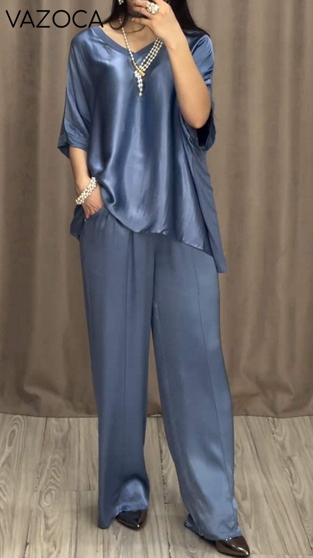 V-neck Short-sleeved Satin Two-piece Suit