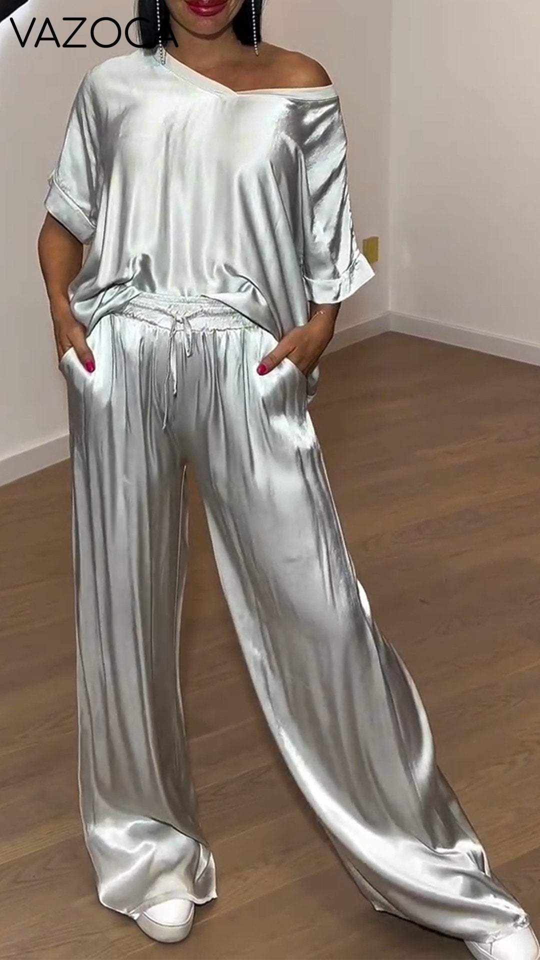 Women's Satin V-neck Short-sleeved Casual Suit