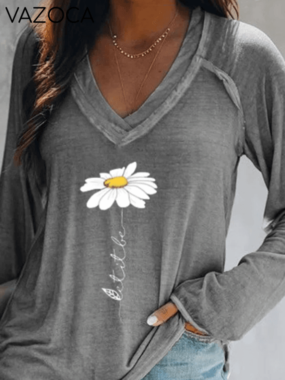 V Neck Printed Long Sleeve Casual T-shirt