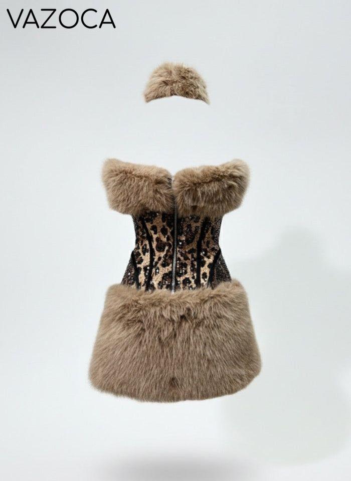 Plush Fur Leopard Mini Skirt Set