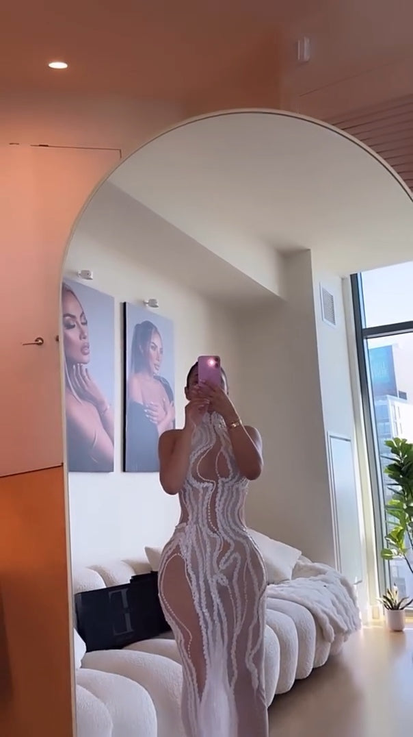Pearl Sequined Mesh Maxi Dress