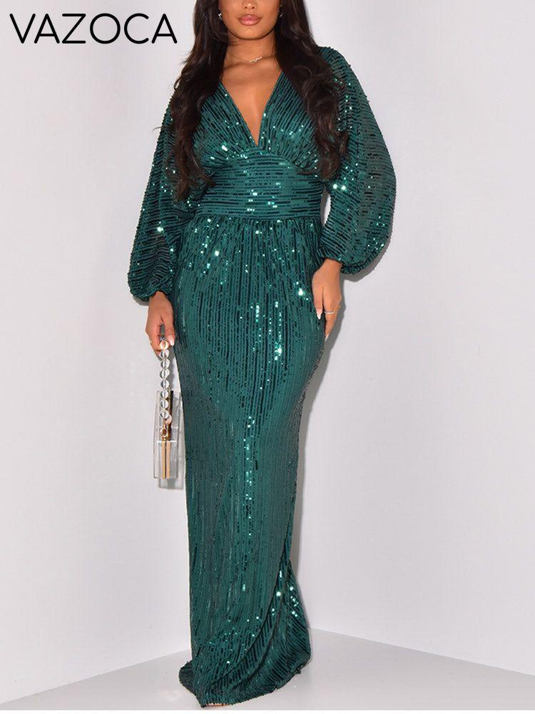 Sequin Puffed Sleeves Party Dress