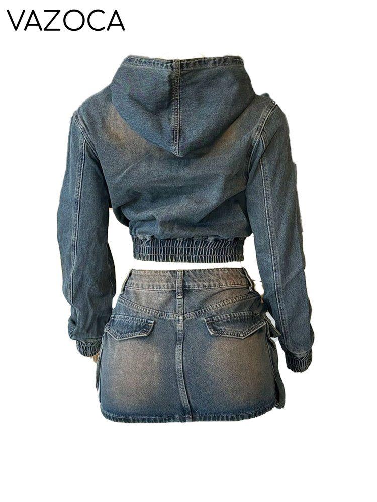 Denim Hoodie Jacket & Cargo Skirt Set