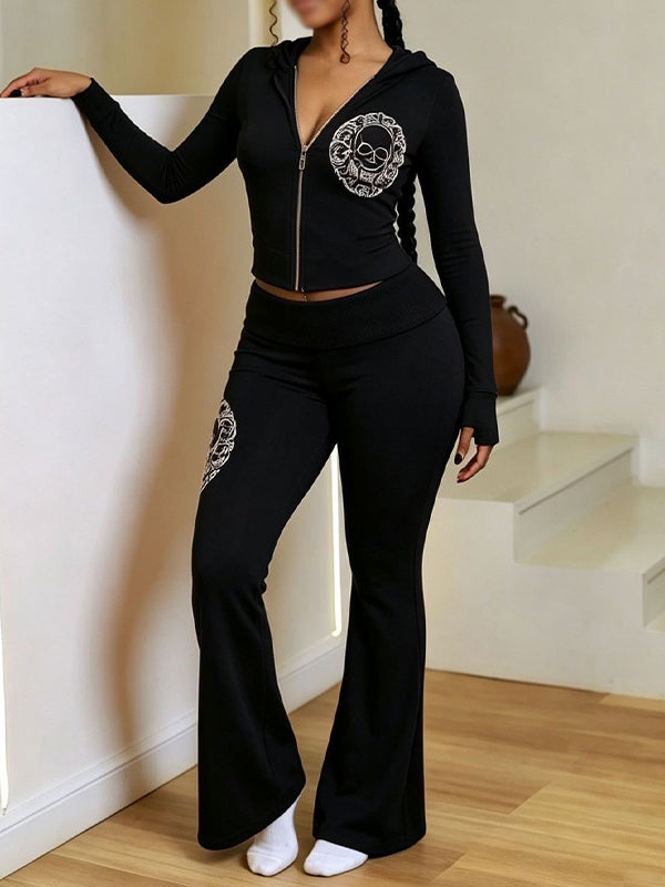 Printed Hooded Top & Flare Pants Set