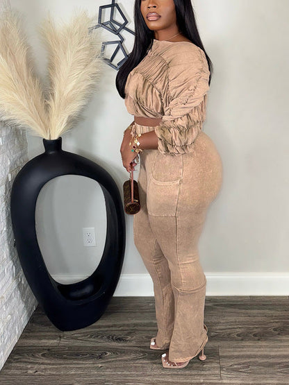 Washed Ruched Top & Flared Pants Set