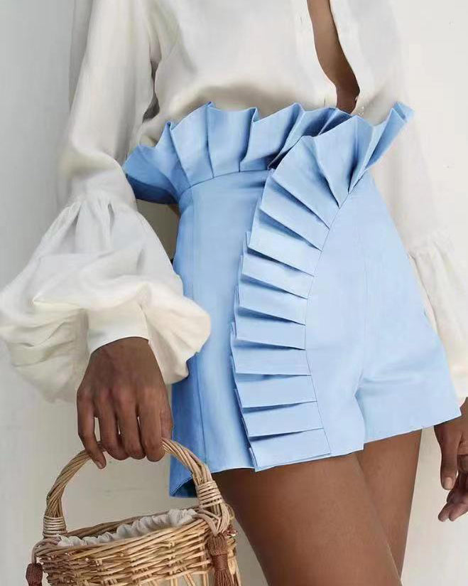 Asymmetric Pleated Zip Shorts Skyblue