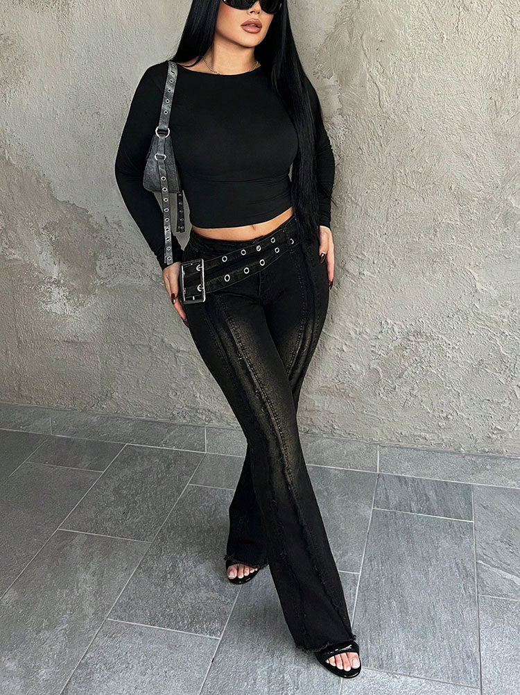 Belted Frayed Flare Jeans