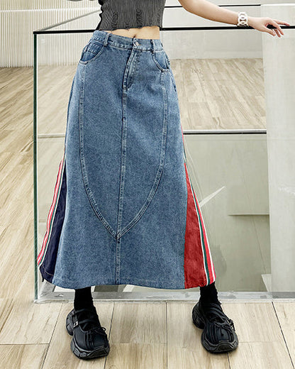 High Waisted Paneled Contrast Denim Skirt