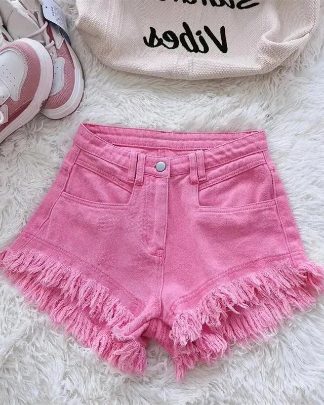 Solid Color Fringed Denim Shorts Pink