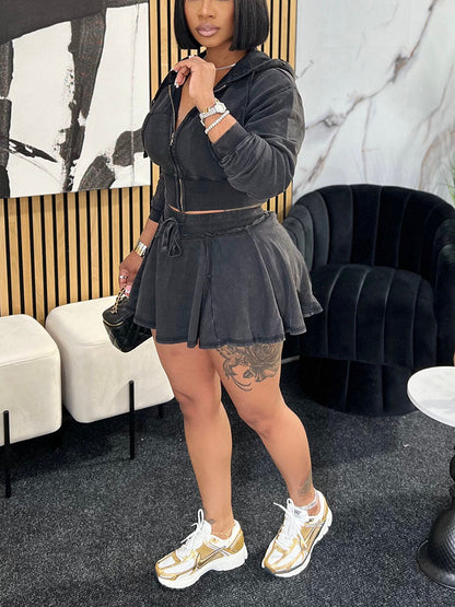 Washed Denim Cropped Jacket & Mini Skirt Set