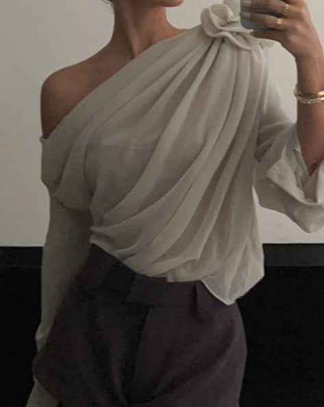 Chiffon Semi-sheer One Shoulder Asymmetrical Top