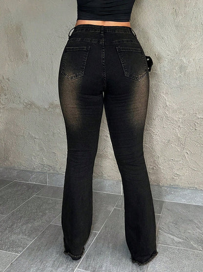Belted Frayed Flare Jeans