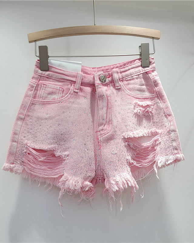 High-Waisted Slimming Colored Perm Ripped Denim Shorts Pink