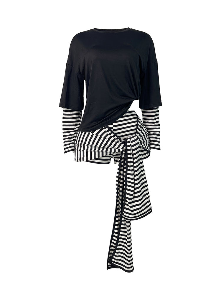 Layered Striped Top & Side-Tie Shorts Set