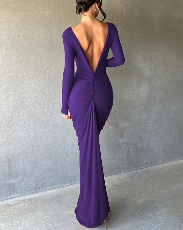 Reversible Pleated Long-Sleeved Backless Maxi Dress Purple