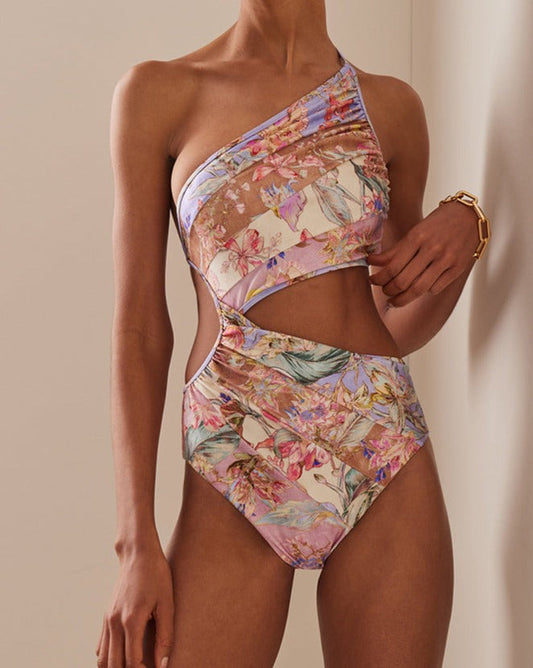 Vintage One-shoulder Colorblock Floral Print Swimsuit and Cover-up Only One Piece-2