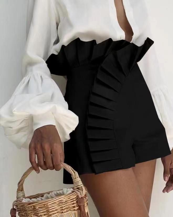 Asymmetric Pleated Zip Shorts Black