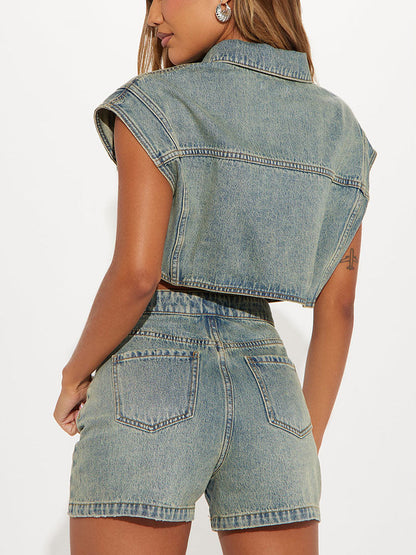 Washed Denim Button Top & Shorts Set