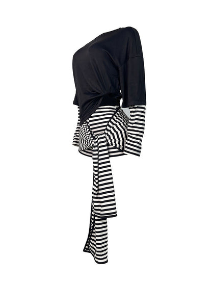 Layered Striped Top & Side-Tie Shorts Set